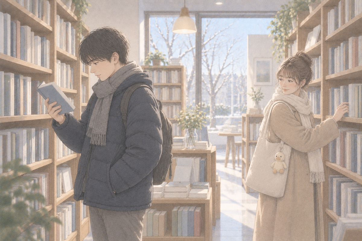冬の午後の本屋で、本棚から1冊を取る18歳の息子と、少し離れて棚を見る母親のイラスト。母親のバッグにあひるのチャーム
