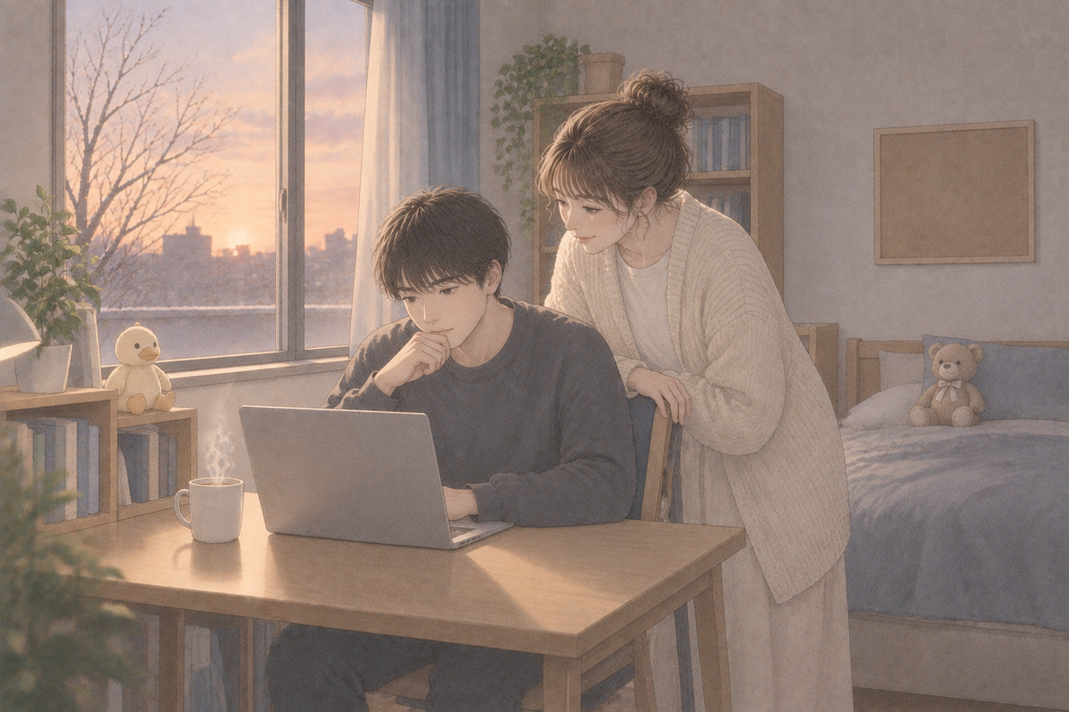 冬の夕方の息子の部屋で、机の前でノートPCを開く18歳の息子と、隣に立って一緒に画面を見る母親のイラスト。棚の上に色あせたあひるのぬいぐるみ