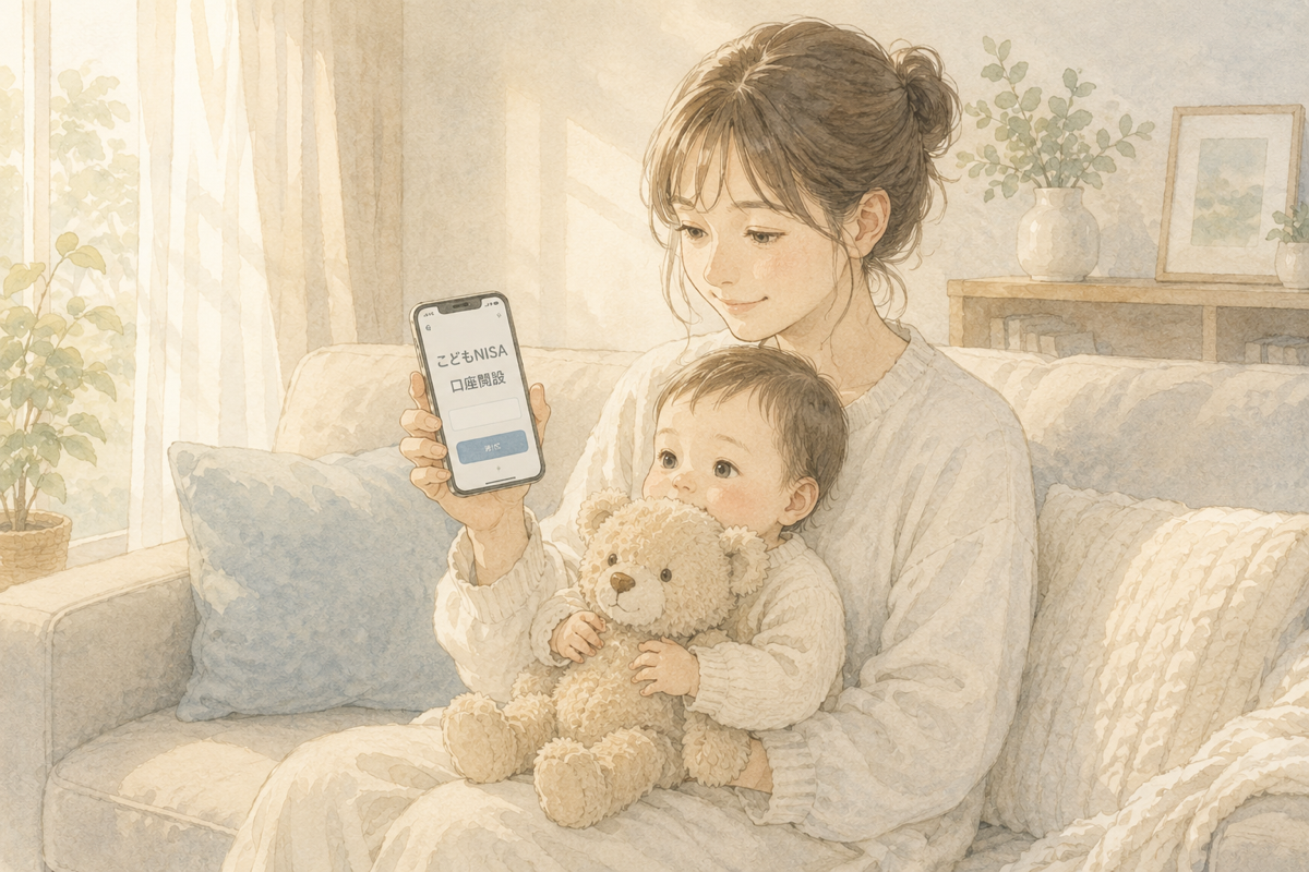 ソファで赤ちゃんとくまのぬいぐるみを抱えた母親が、こどもNISA口座開設の画面を表示したスマートフォンを見せているイラスト