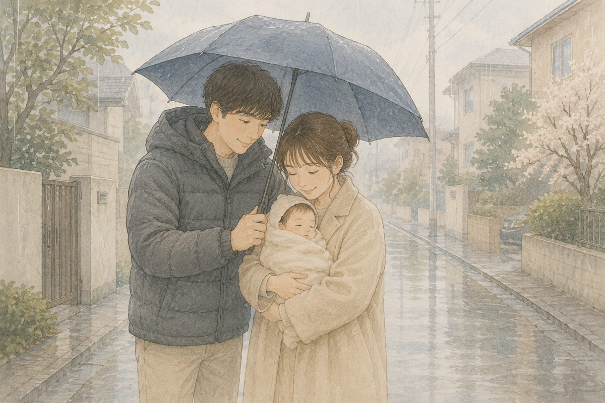 雨の住宅街で、父親が傘をさし、母親が赤ちゃんをおくるみで抱いている家族のイラスト