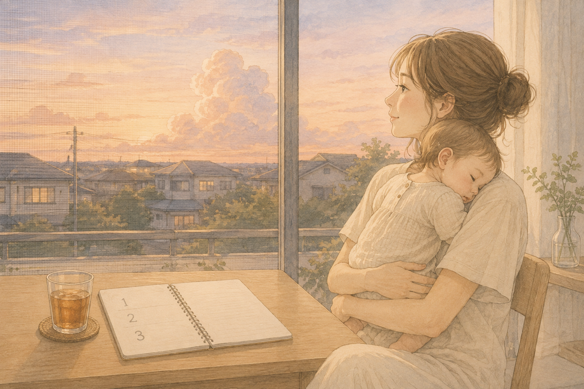夏の夕暮れの窓辺で、眠る赤ちゃんを抱いた母親が外を眺め、テーブルには1・2・3と番号を書いたノートと麦茶のグラスがあるイラスト