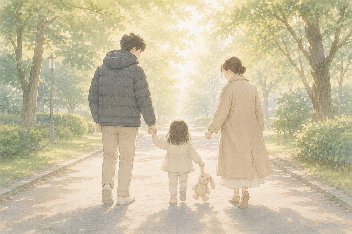 木漏れ日の並木道を、両親と手をつないだ幼い子どもがうさぎのぬいぐるみを持って光のほうへ歩いていく後ろ姿のイラスト