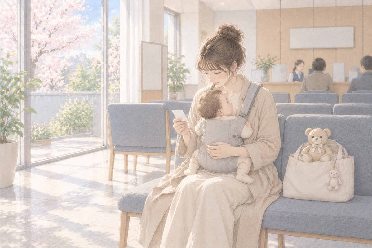 春の午前、小さな銀行の窓口ロビーで、抱っこ紐で赤ちゃんを抱いた母親が待合の椅子に座り、隣のバッグの上にくまのぬいぐるみが座っているイラスト