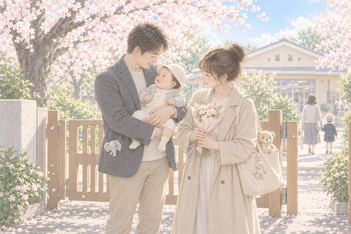 4月の入園式の帰り、保育園の門の前の桜の下で、父親が赤ちゃんを抱き、母親が小さな花束を持っている。マザーズバッグからくまのぬいぐるみが顔を出しているイラスト