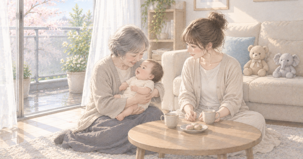 春の午前のリビングで、祖母が赤ちゃんを抱き、母親が隣で湯のみを置いている。ソファにくまのぬいぐるみと、窓の外に桜のイラスト