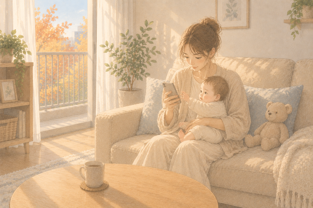 赤ちゃんを膝に抱いてスマートフォンを確かめる母親と、隣に座るくまのぬいぐるみのイラスト