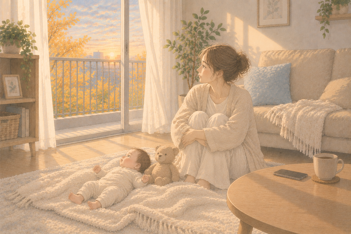 秋の窓辺で、ブランケットに寝転ぶ赤ちゃんと一緒に外を見て待つ母親のイラスト