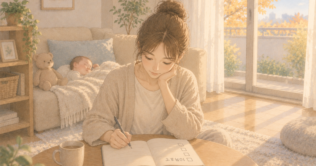ノートに「10月まで」と書いて準備を書き出す母親と、ソファで眠る赤ちゃんとくまのぬいぐるみのイラスト