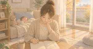 ノートに「10月まで」と書いて準備を書き出す母親と、ソファで眠る赤ちゃんとくまのぬいぐるみのイラスト