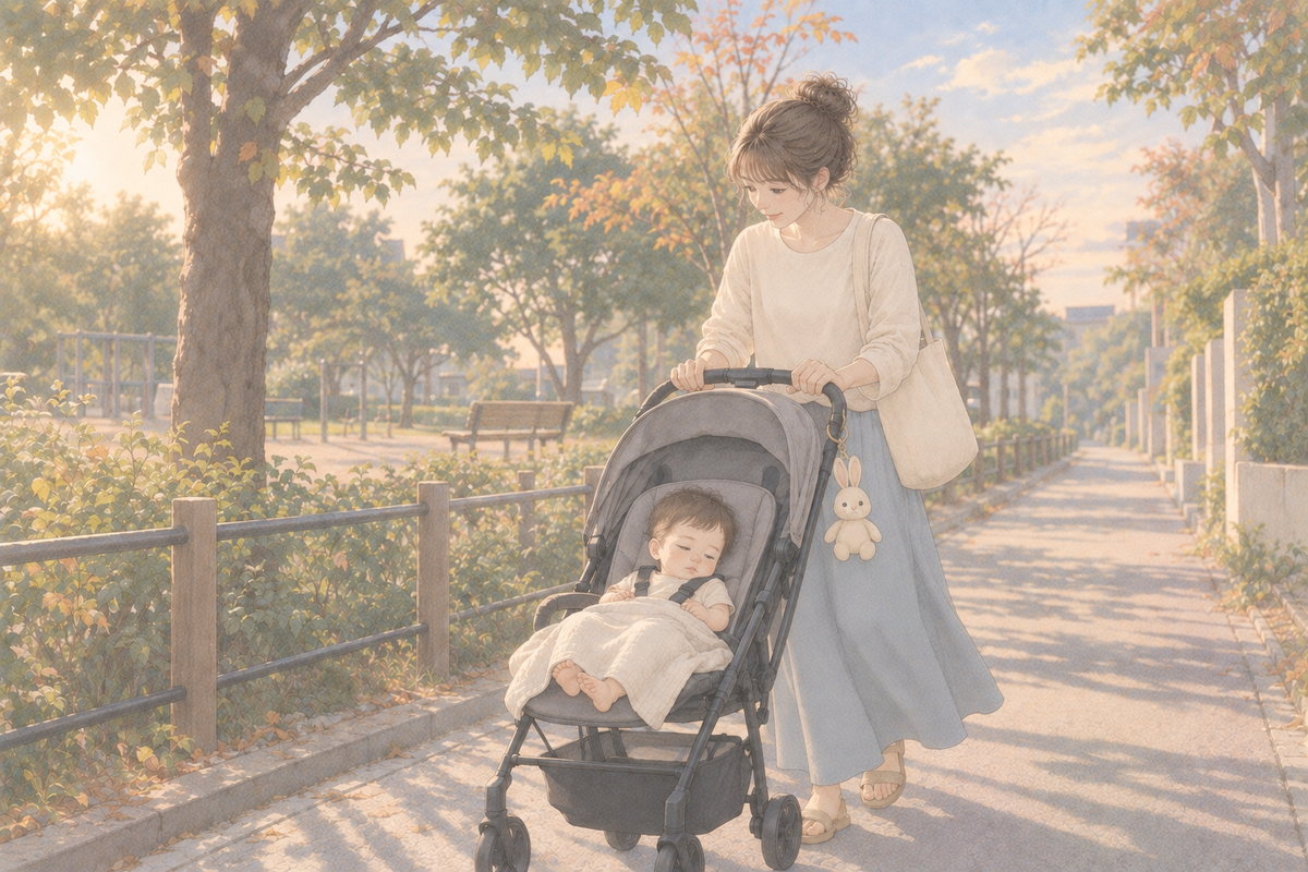 初秋の夕方前の公園沿いの歩道で、眠そうな赤ちゃんを乗せたベビーカーを押して家へ帰る母親のイラスト。ベビーカーの持ち手にうさぎのチャーム