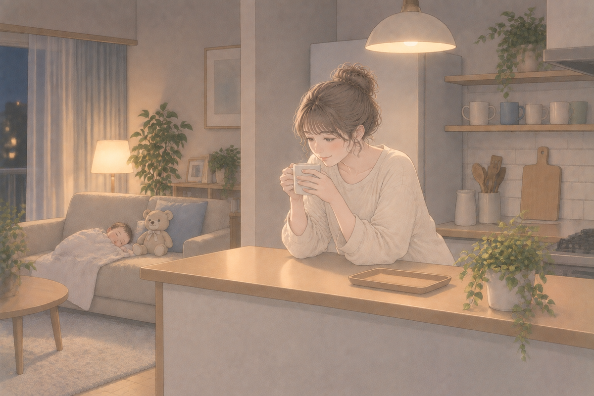 初秋の夜のキッチンで、カウンターに寄りかかってマグカップを持つ母親と、奥のソファで眠る赤ちゃんを見守るくまのぬいぐるみのイラスト
