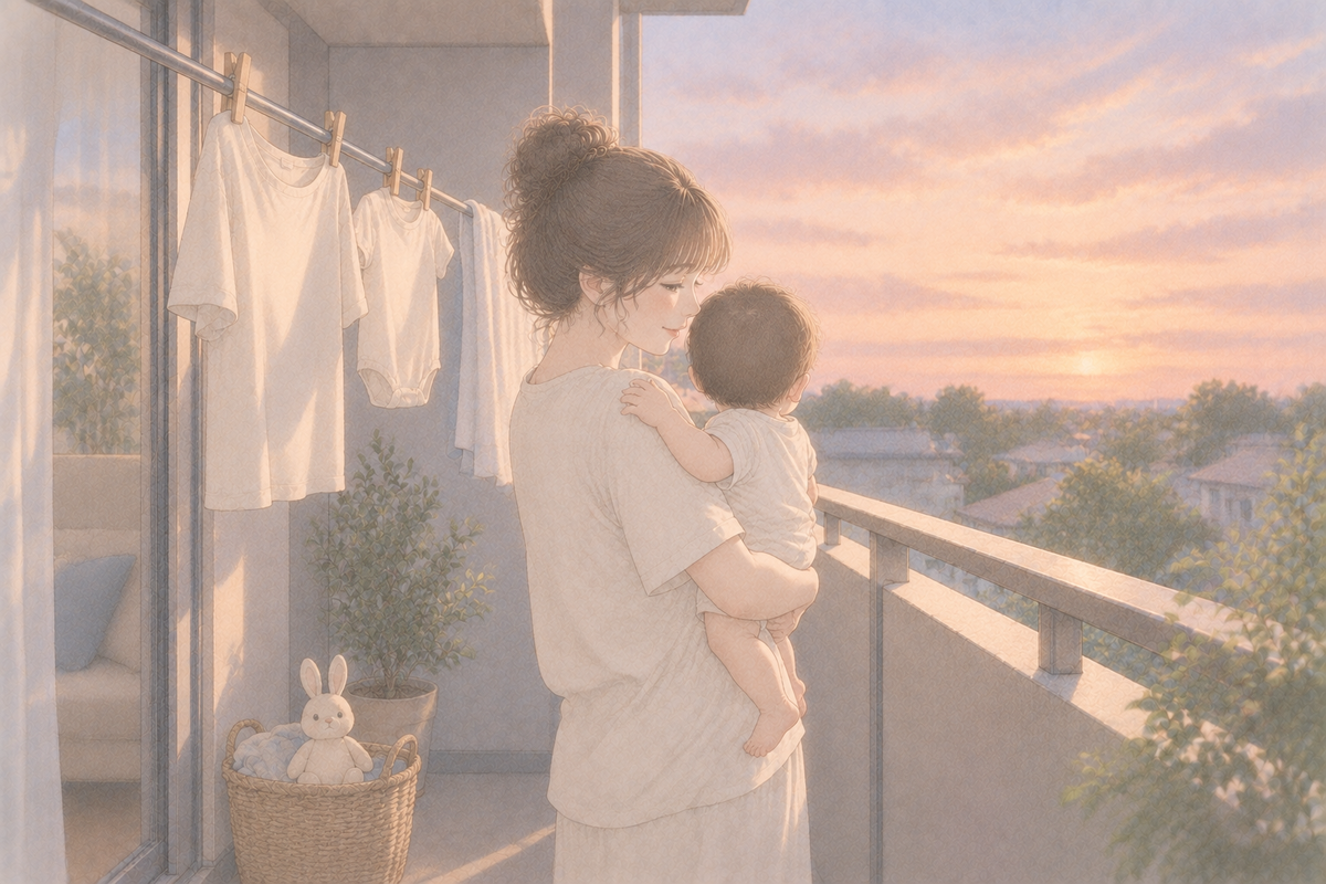 初秋の夕方のベランダで、赤ちゃんを抱っこして大小の洗濯物のそばから夕焼けの空を見る母親と、かごの中に座るうさぎのぬいぐるみのイラスト