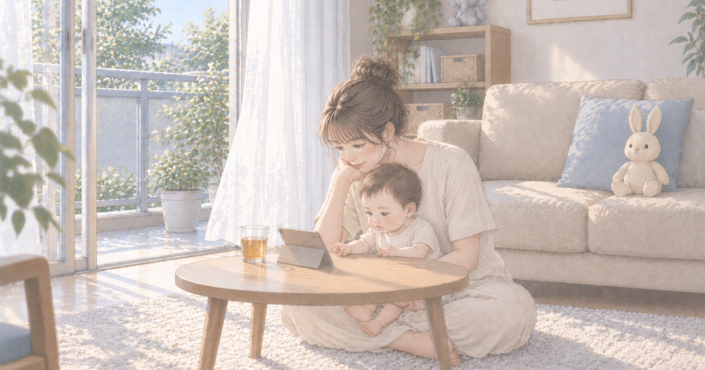 初秋の午前のリビングで、ラグに座って膝の上の赤ちゃんとスマートフォンを一緒に見ている母親と、ソファに座るうさぎのぬいぐるみのイラスト
