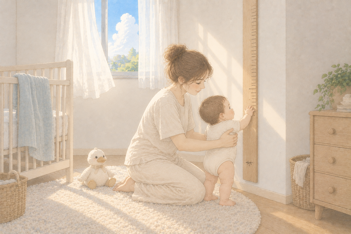 子ども部屋で、身長計の前に赤ちゃんを立たせる母親と、そばで見守るあひるのぬいぐるみのイラスト