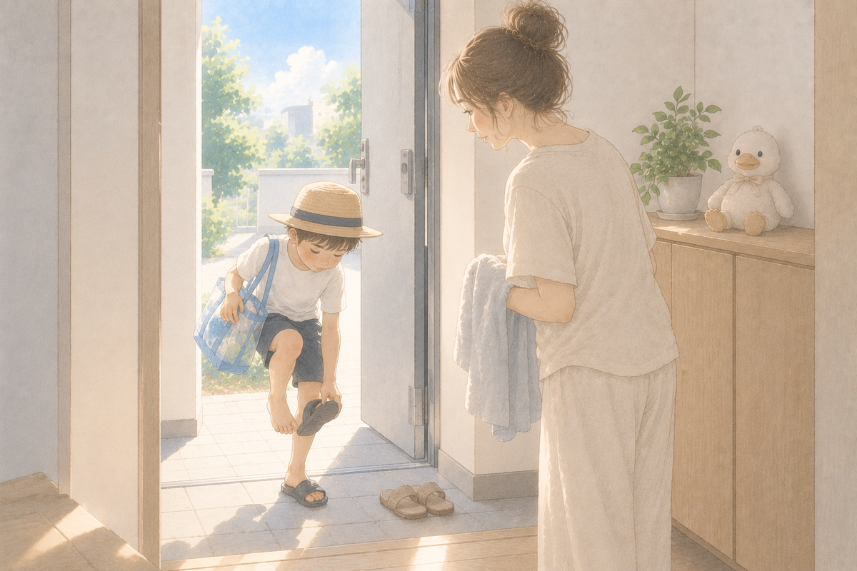プールから帰ってきた小学生を、タオルを持って玄関で迎える母親のイラスト