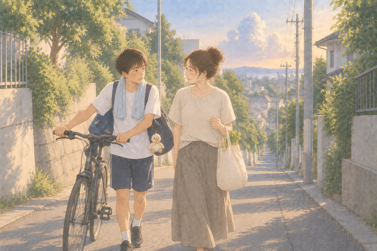 部活帰りの中学生と一緒に坂道を歩く母親と、バッグに下がるあひるのチャームのイラスト