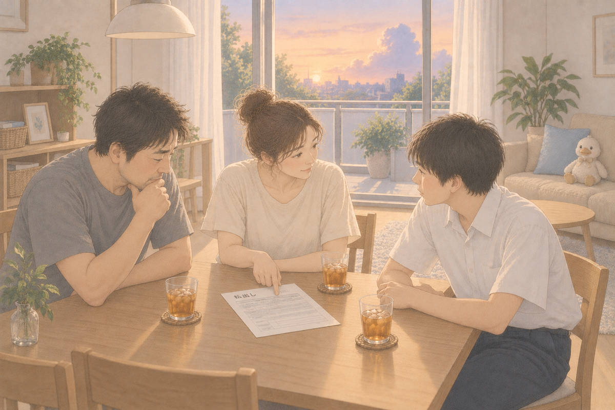 ダイニングテーブルを囲んで「払出し」の書類を確認する家族3人と、ソファのあひるのイラスト