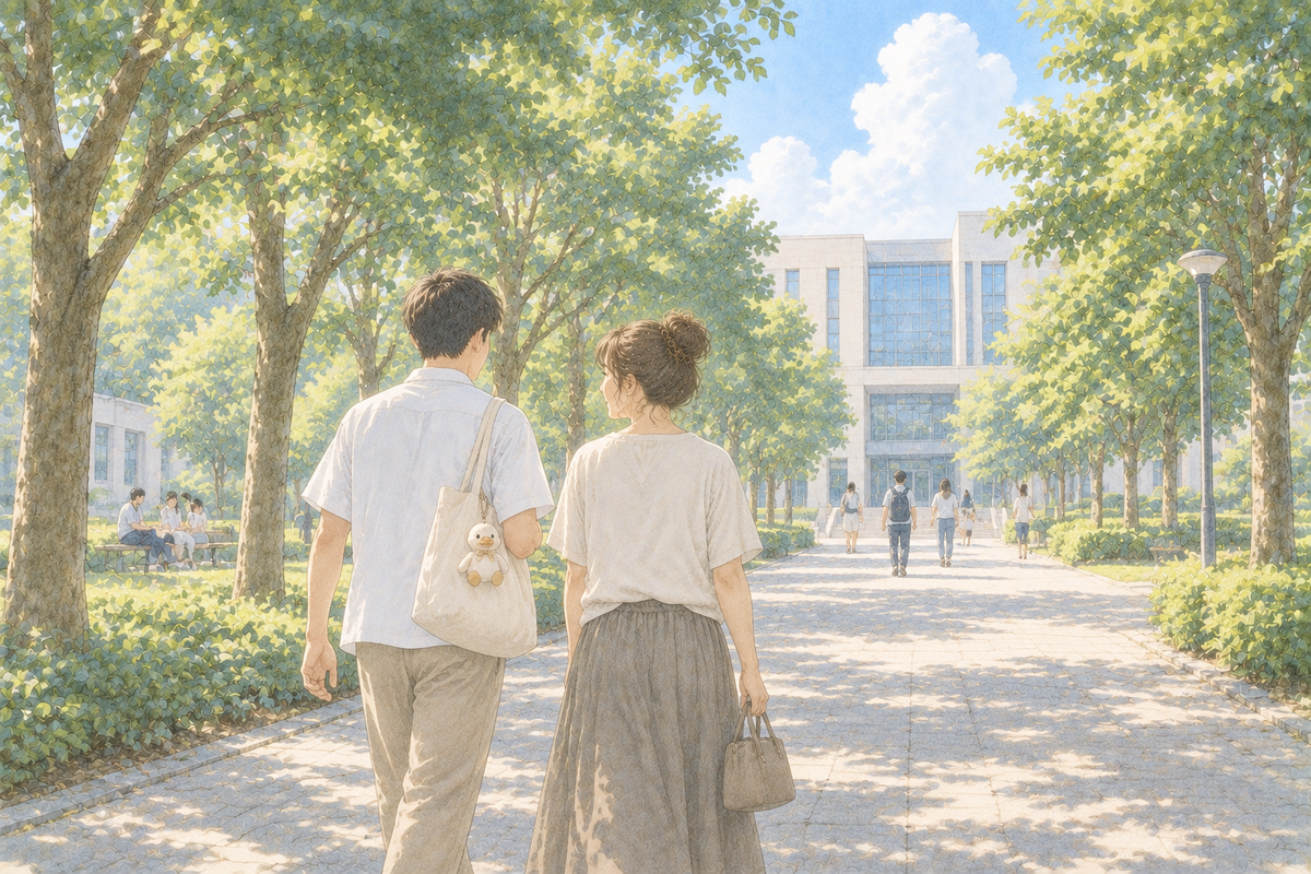 あひるのチャームを提げたトートバッグを持つ若者と、並んで大学のキャンパスを歩く母親の後ろ姿のイラスト