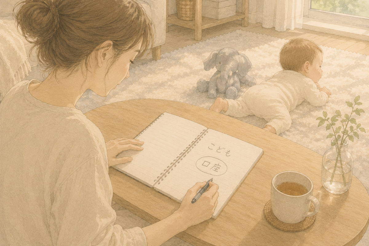ノートに「こども口座」と書く母親と、ラグで遊ぶ赤ちゃんのイラスト