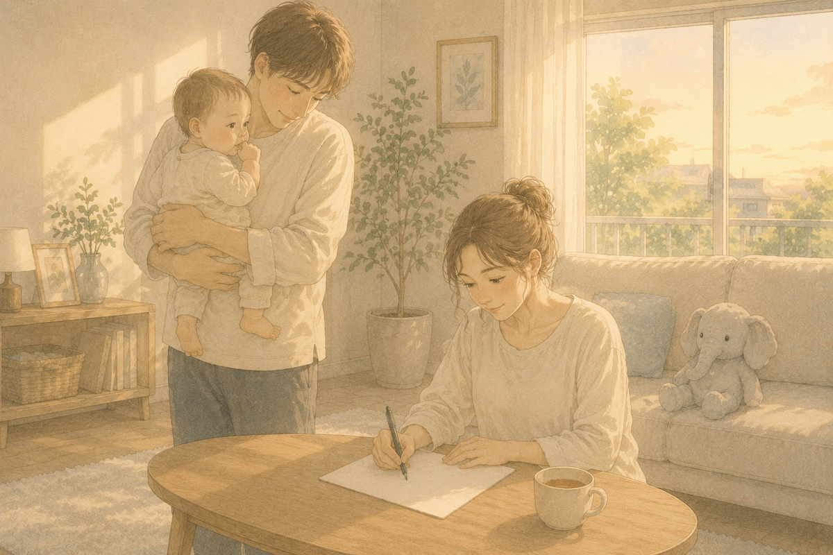 赤ちゃんを抱く父親のそばで、母親が口座の書類に記入しているイラスト