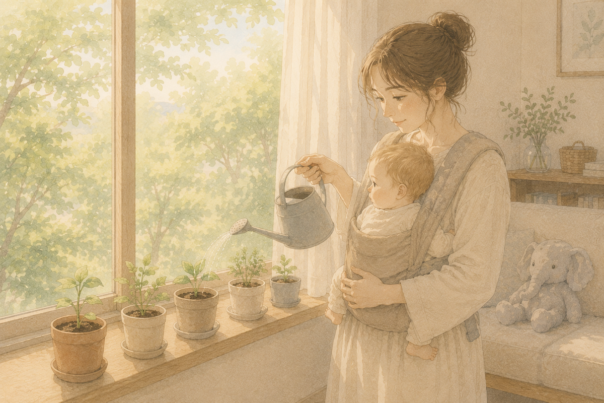 赤ちゃんを抱いた母親が窓辺に並んだ小さな鉢植えに水をやるイラスト