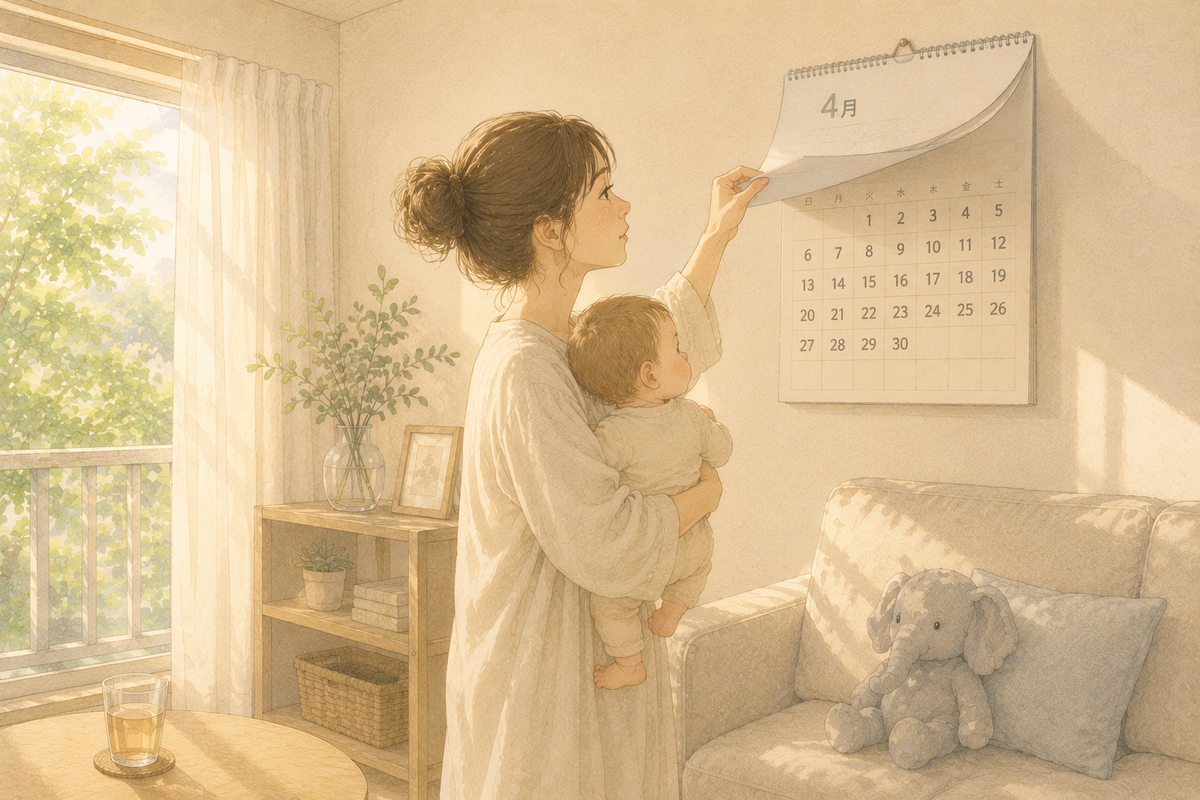 赤ちゃんを抱いた母親が壁のカレンダーをめくるイラスト