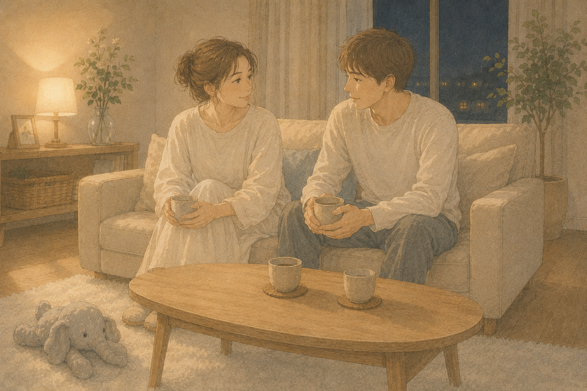 夜のリビングでカップを手に向かい合って話す夫婦のイラスト