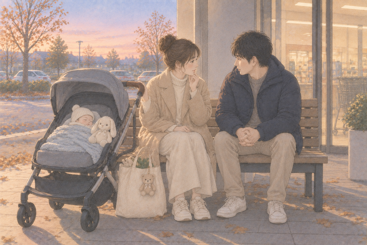 夕方のスーパーの入り口前のベンチで、並んで座って静かに話す母親と父親。横のベビーカーの中では赤ちゃんが眠り、その足元にうさぎのぬいぐるみが座っているイラスト