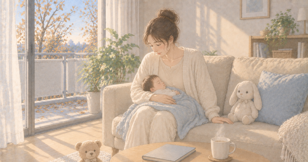 晩秋の午後のリビングで、膝の上で眠る赤ちゃんを見ながら考えごとをする母親と、隣に座るうさぎのぬいぐるみのイラスト
