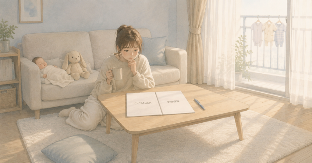 リビングのローテーブルで、こどもNISAと学資保険のパンフレットを見比べる母親。ソファでは赤ちゃんとうさぎのぬいぐるみが眠っているイラスト