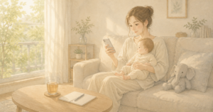 ソファで赤ちゃんを抱きながらスマートフォンでこどもNISAを調べる母親のイラスト