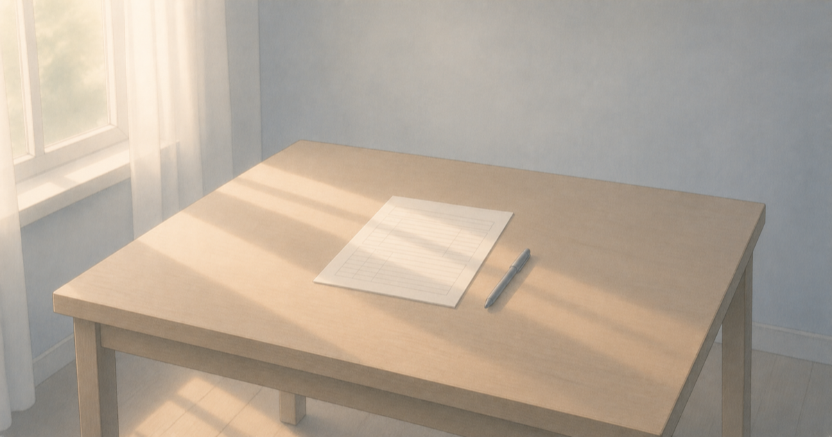 窓からの朝の光が差し込む机の上に、罫線だけの書類が1枚とペンが置かれているイラスト