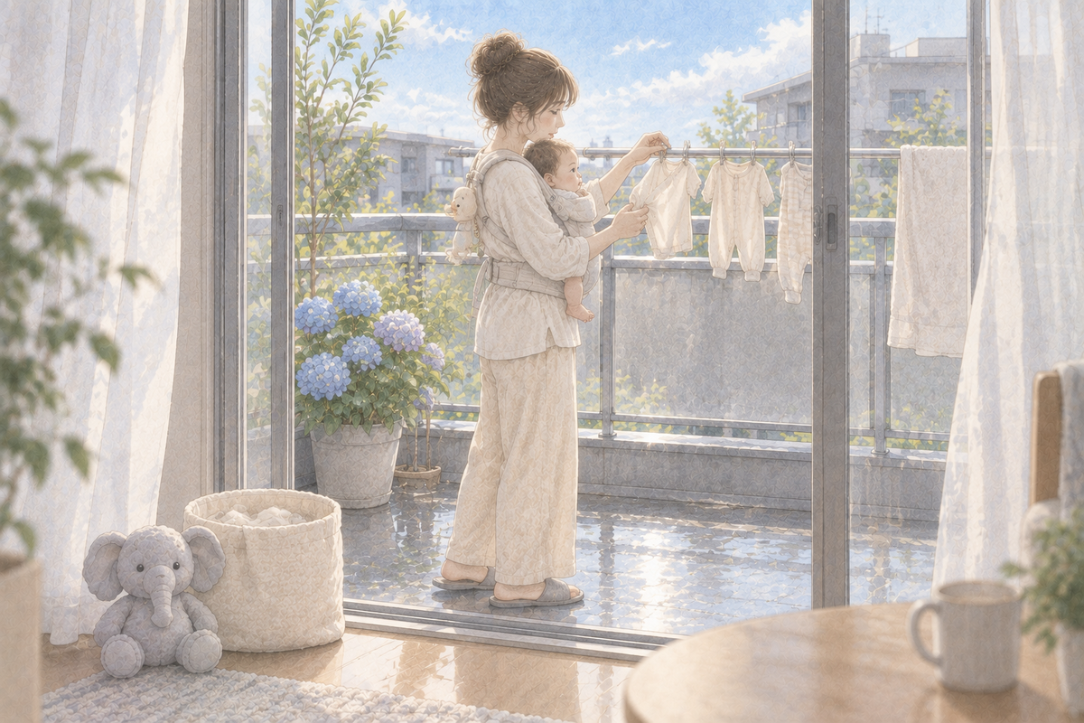 6月の雨上がりの朝のベランダで、抱っこ紐で赤ちゃんを抱いたまま洗濯物を干す母親と、室内の窓辺に座るぞうのぬいぐるみのイラスト
