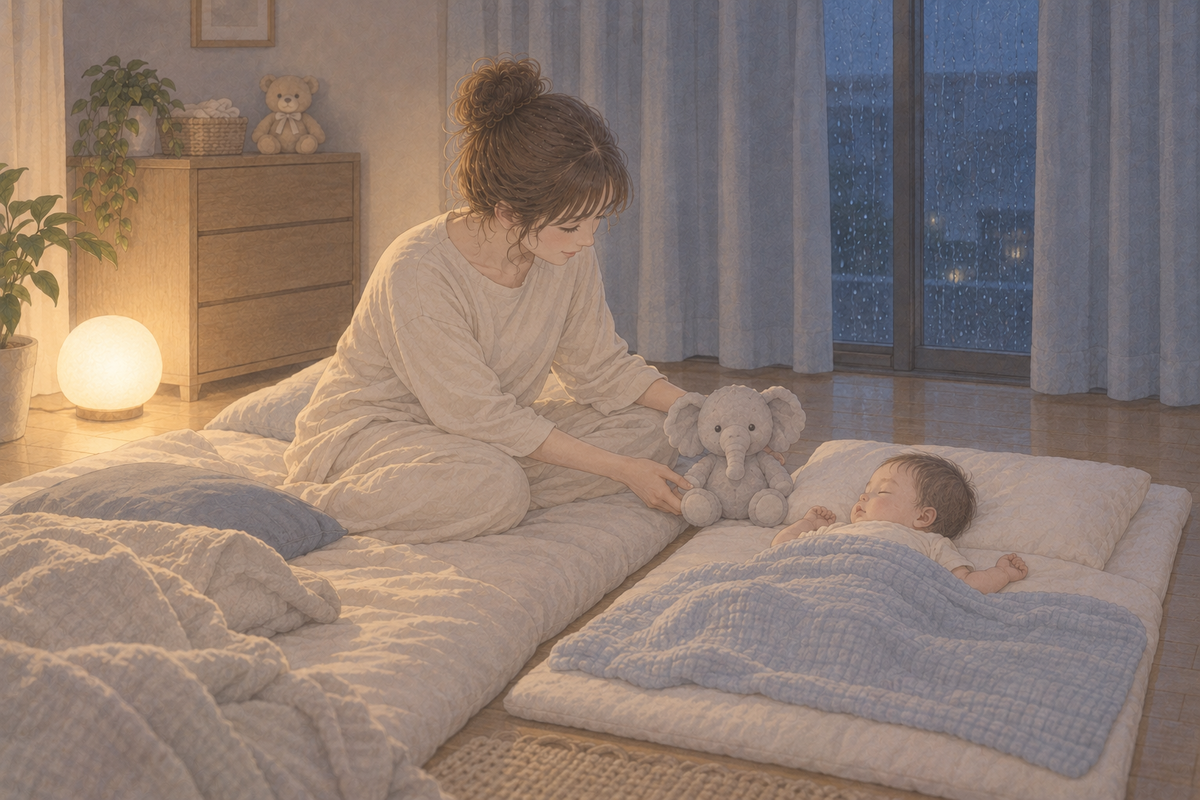 雨の夜の寝室で、布団に眠る赤ちゃんの枕元に、ぞうのぬいぐるみを座らせている母親のイラスト