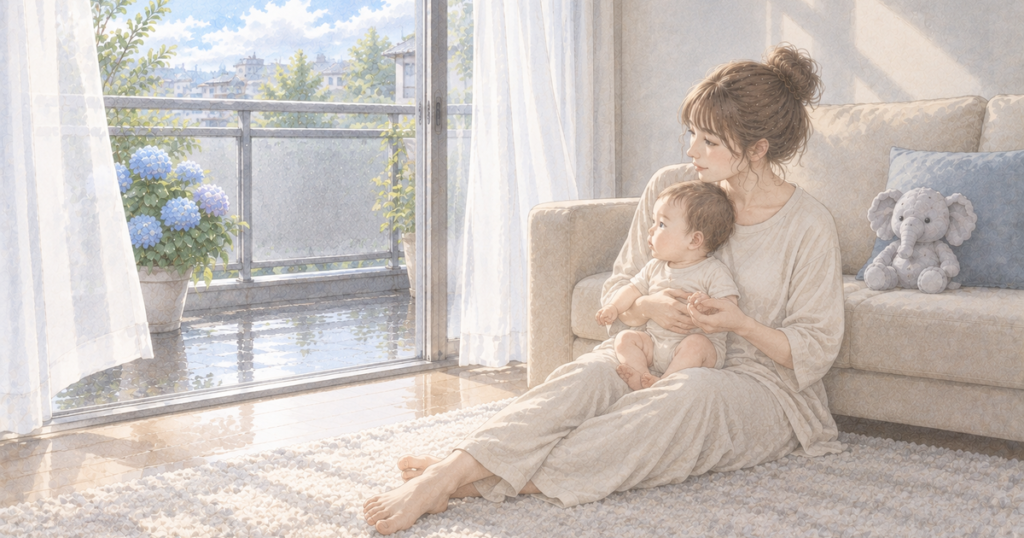 6月の雨上がりの午前、開けた掃き出し窓の外を、膝の上の赤ちゃんと一緒に見ている母親と、ソファに座るぞうのぬいぐるみのイラスト
